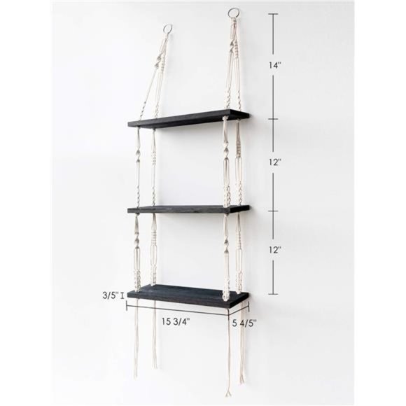 Macrame Shelf Hanging Shelves, Wooden Wall Shelf with Woven Rope, Black Shelves - Picture 2 of 6